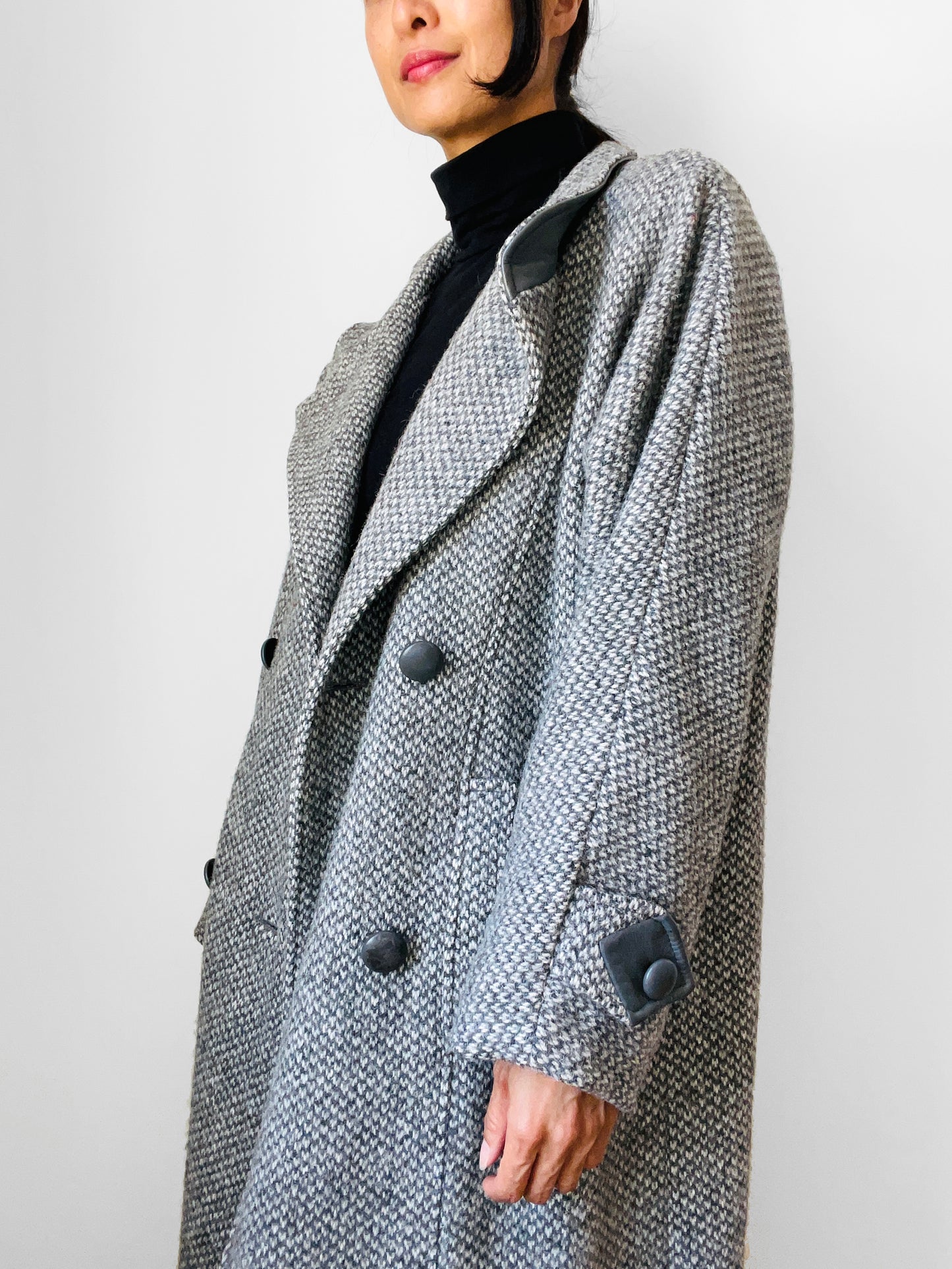 1980s Grey Tweed Wool and Leather Coat