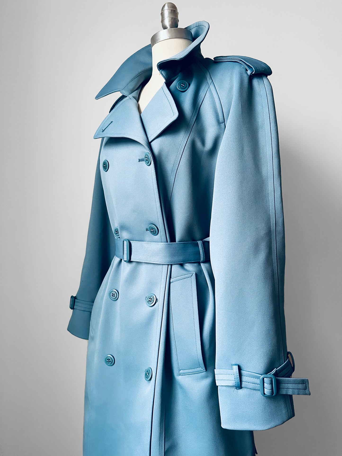 RESERVED!!! 1960s Powder Blue LONDON FOG Made in Canada Double-Breasted Belted Trench Coat - S/M/L