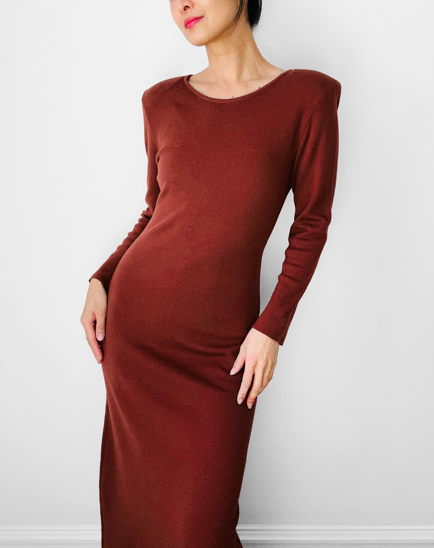 Long Rust Red Winter Weight Form Fitting Soft Wool Dress - Sz.