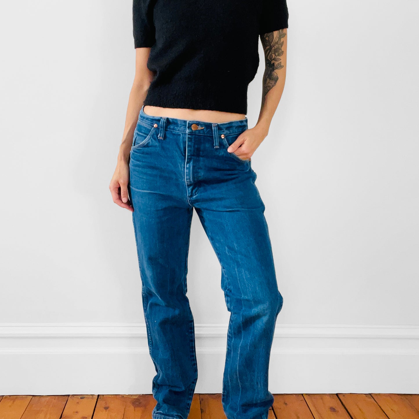 1980s Distressed Well-Worn Faded Dark-Wash High-Waisted Straight-Leg Wrangler Denim Jeans