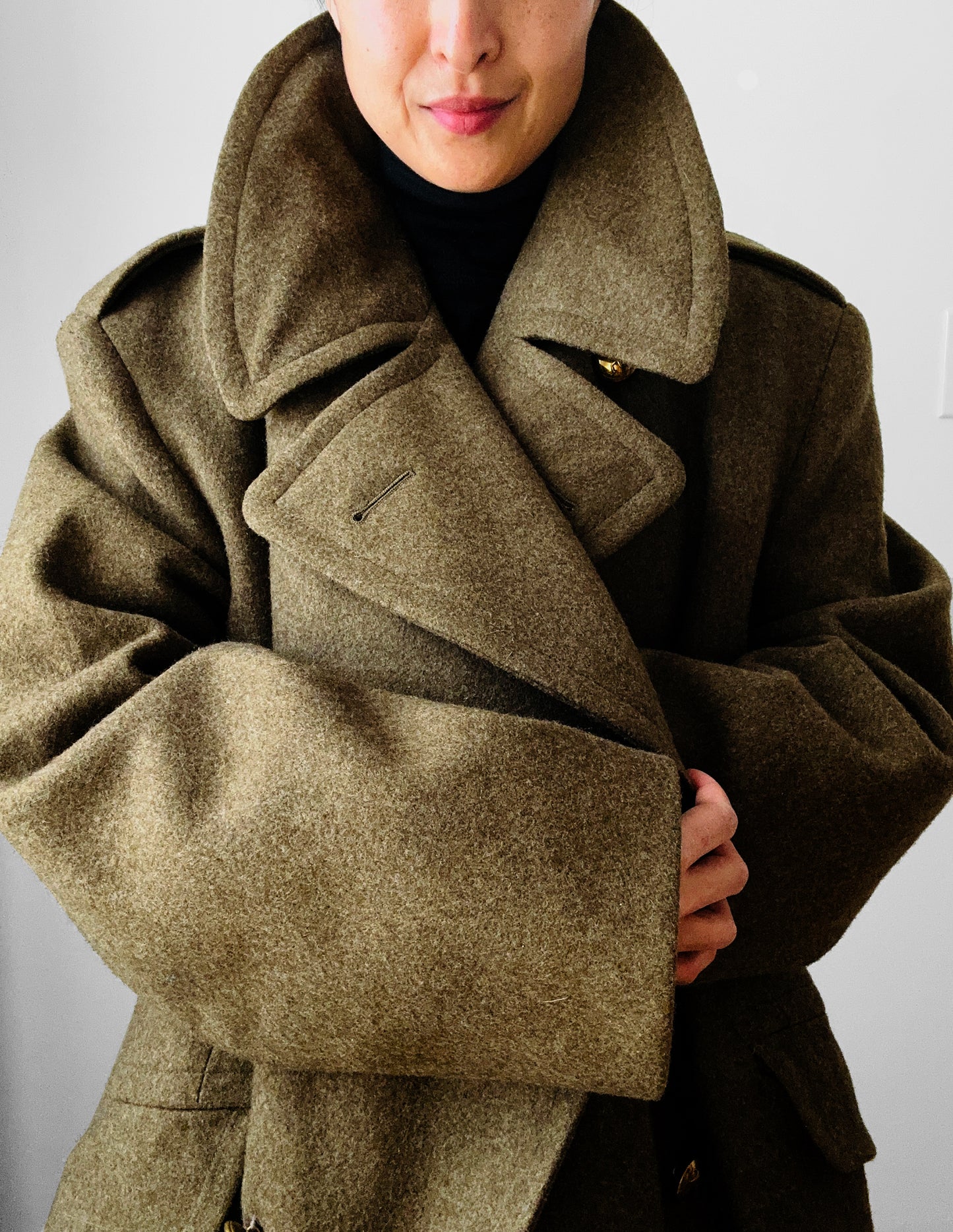 1950s EATON Co. Made in Canada Olive Green Military Quilted Heavy Double-Breasted Wool Gold Button Coat - Sz. M/L