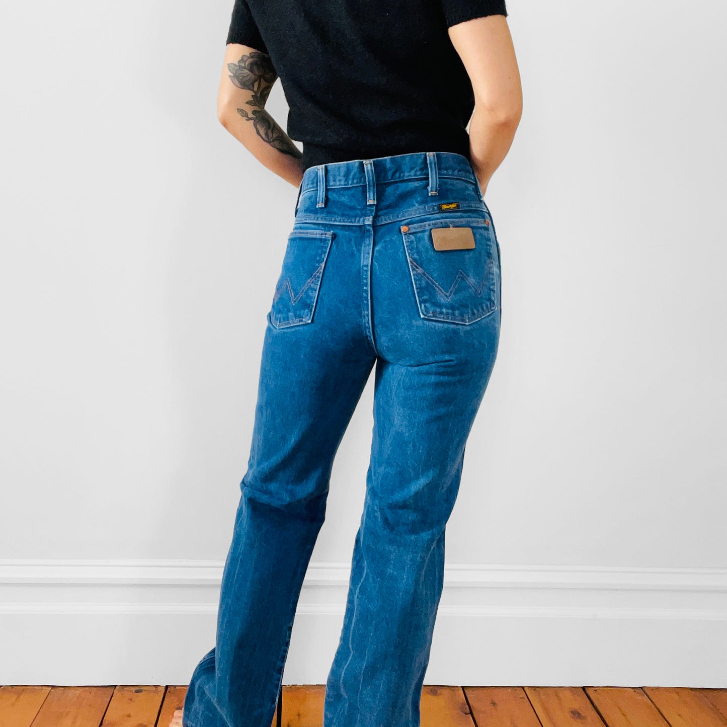 1980s Distressed Well-Worn Faded Dark-Wash High-Waisted Straight-Leg Wrangler Denim Jeans