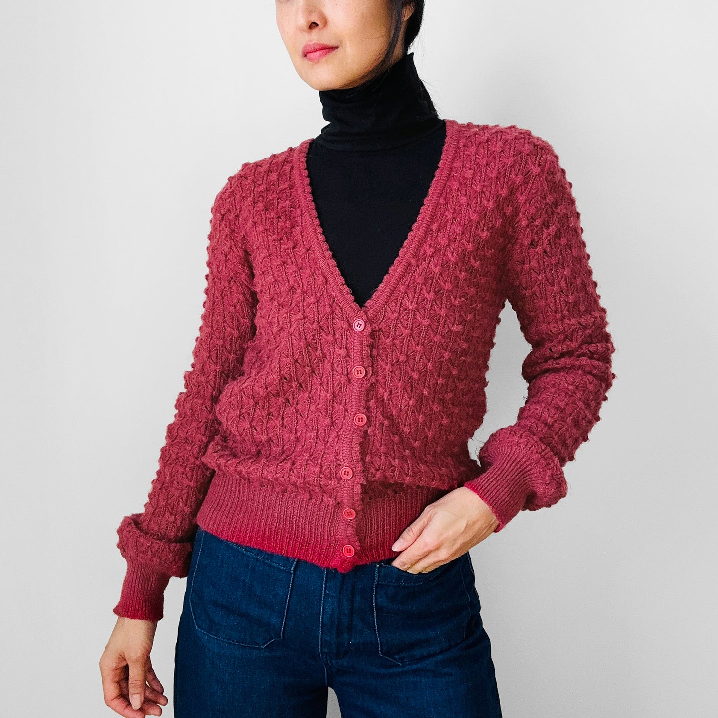 1990s Deep Rose Pink Blended Wool Bobble-Knit Fitted Cardigan Sweater