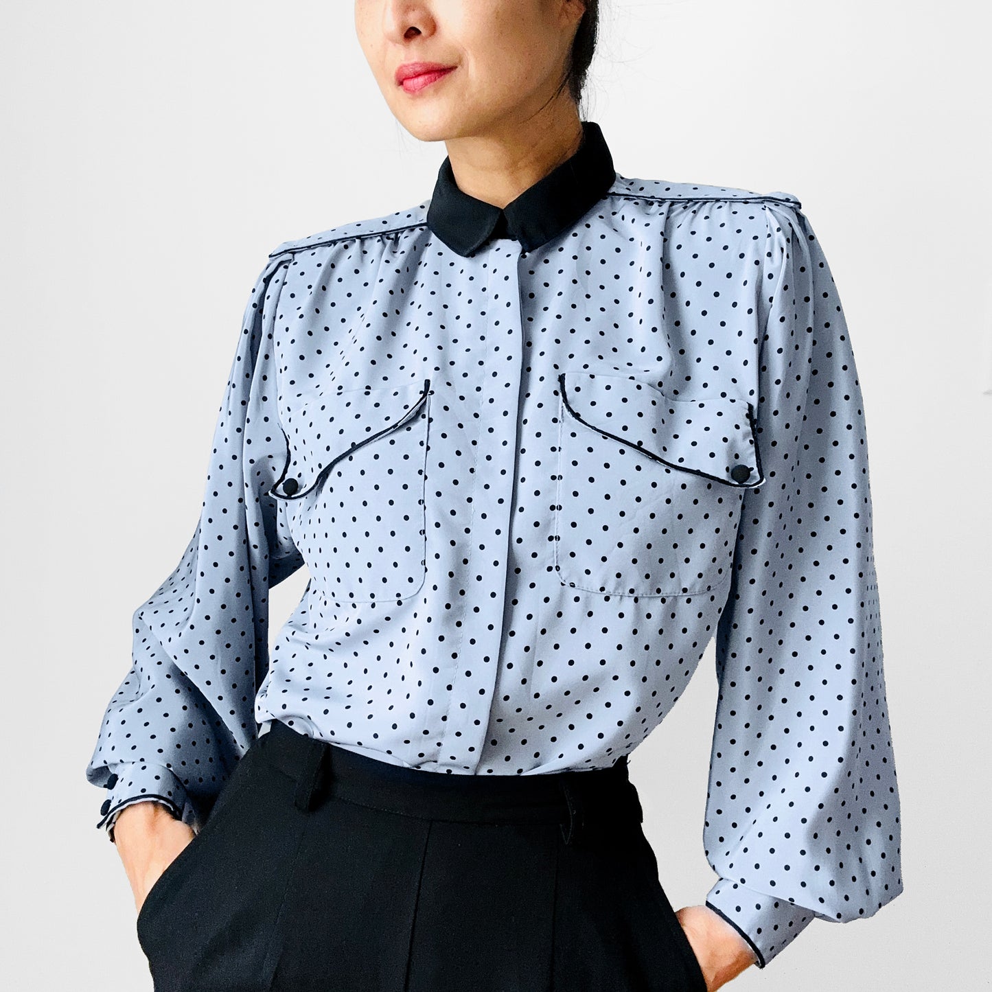 1980s Made in Canada Bluish Grey and Black Trimmed Long Sleeve Polka Dot Blouse - Sz. S