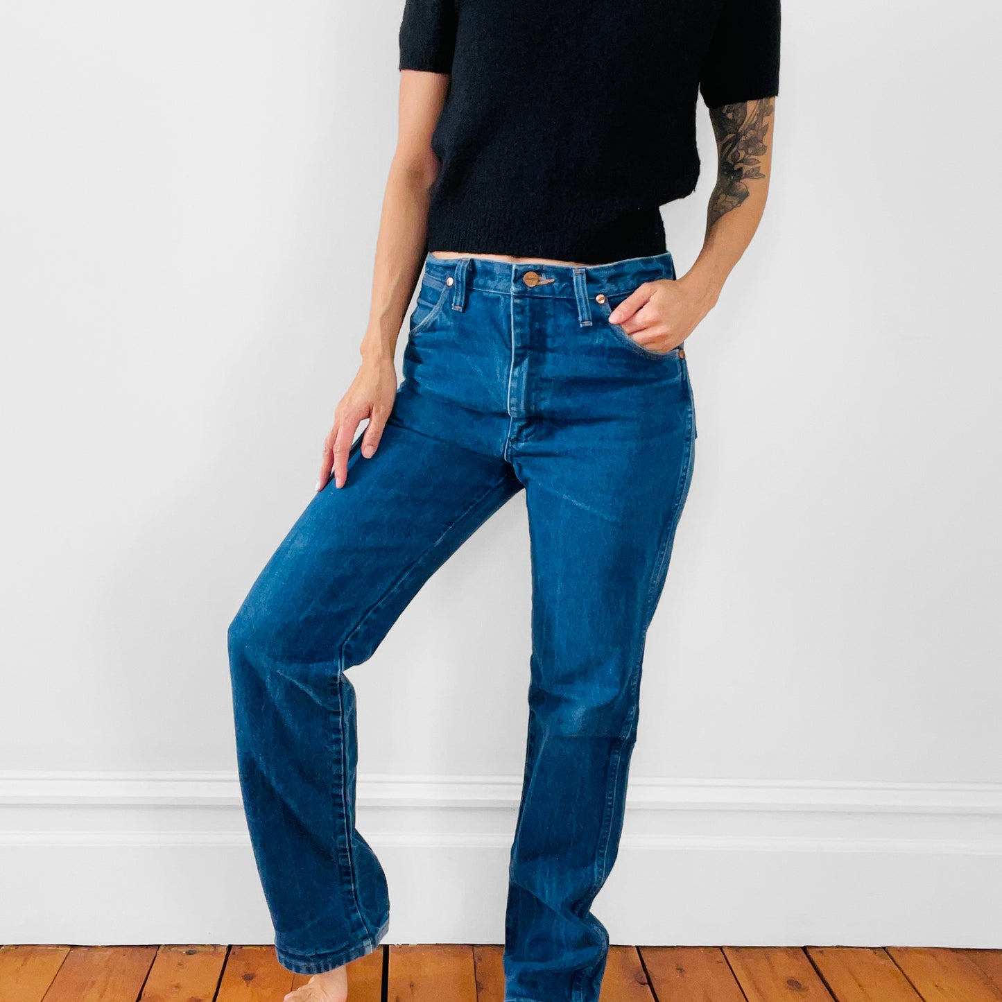 1980s Distressed Well-Worn Faded Dark-Wash High-Waisted Straight-Leg Wrangler Denim Jeans