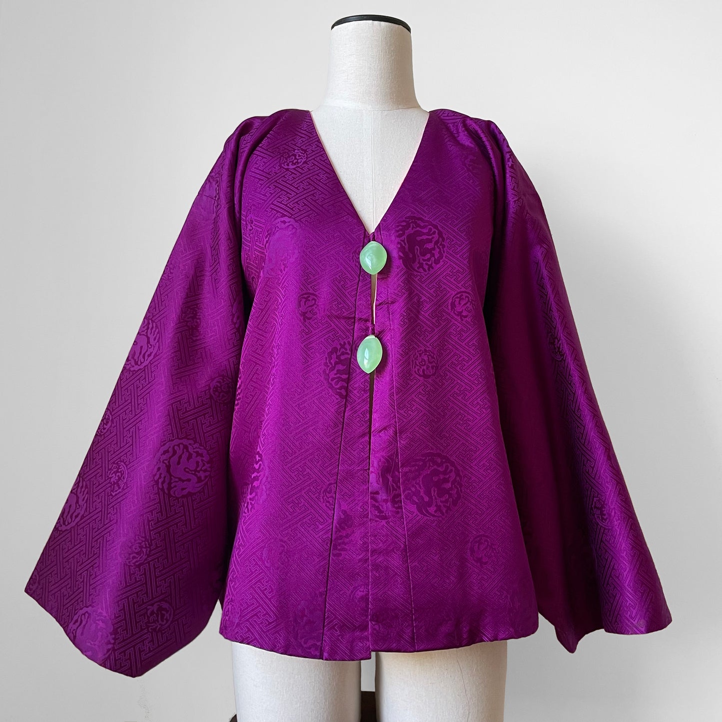 1960s Purple and Coral Silk Reversible Faux-Jade Jeweled Kimono Haori Jacket