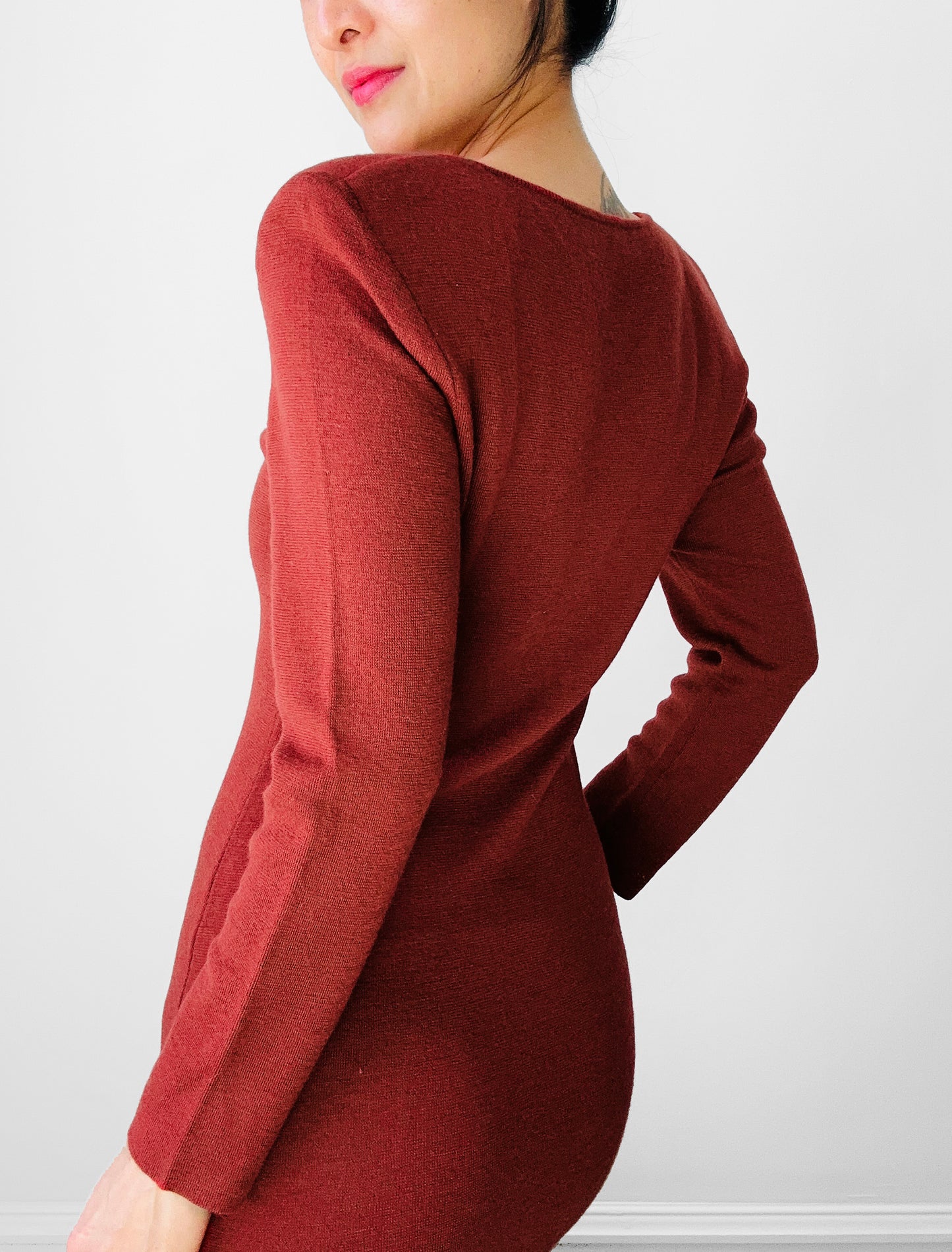 Long Rust Red Winter Weight Form Fitting Soft Wool Dress - Sz.