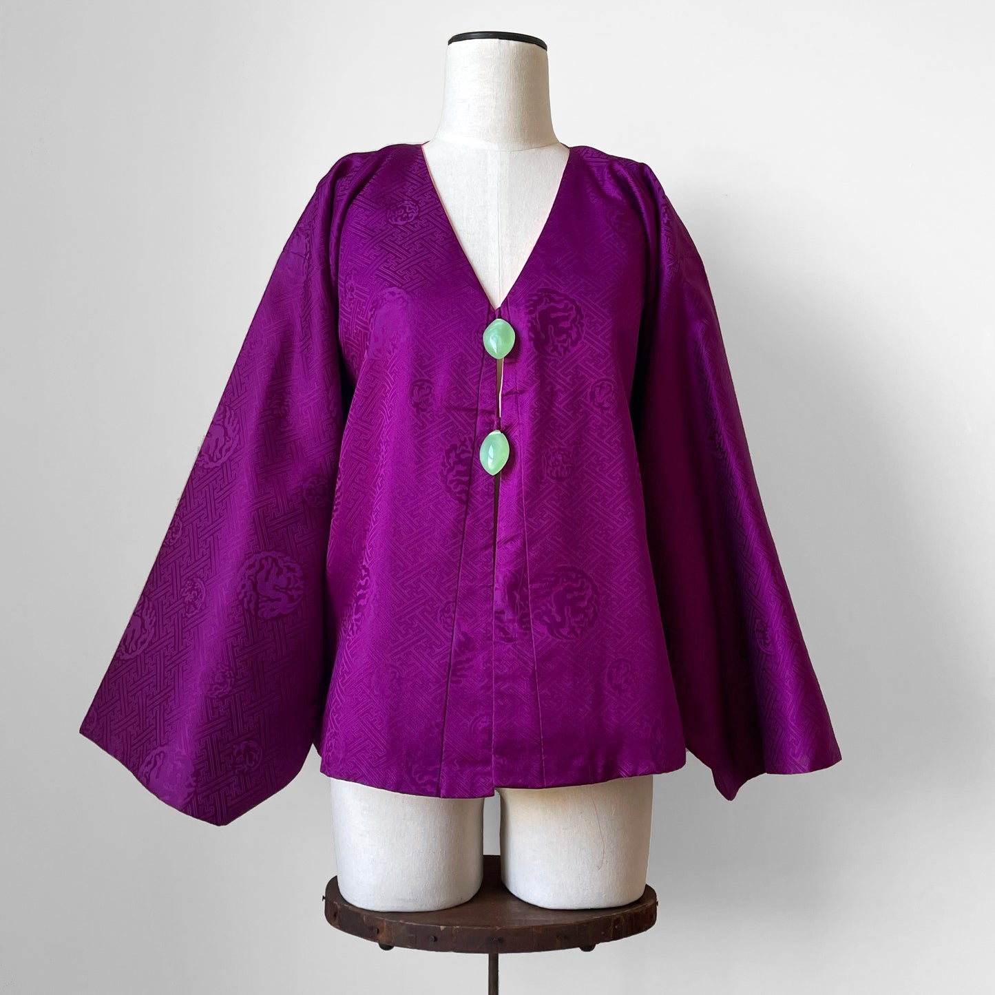 1960s Purple and Coral Silk Reversible Faux-Jade Jeweled Kimono Haori Jacket