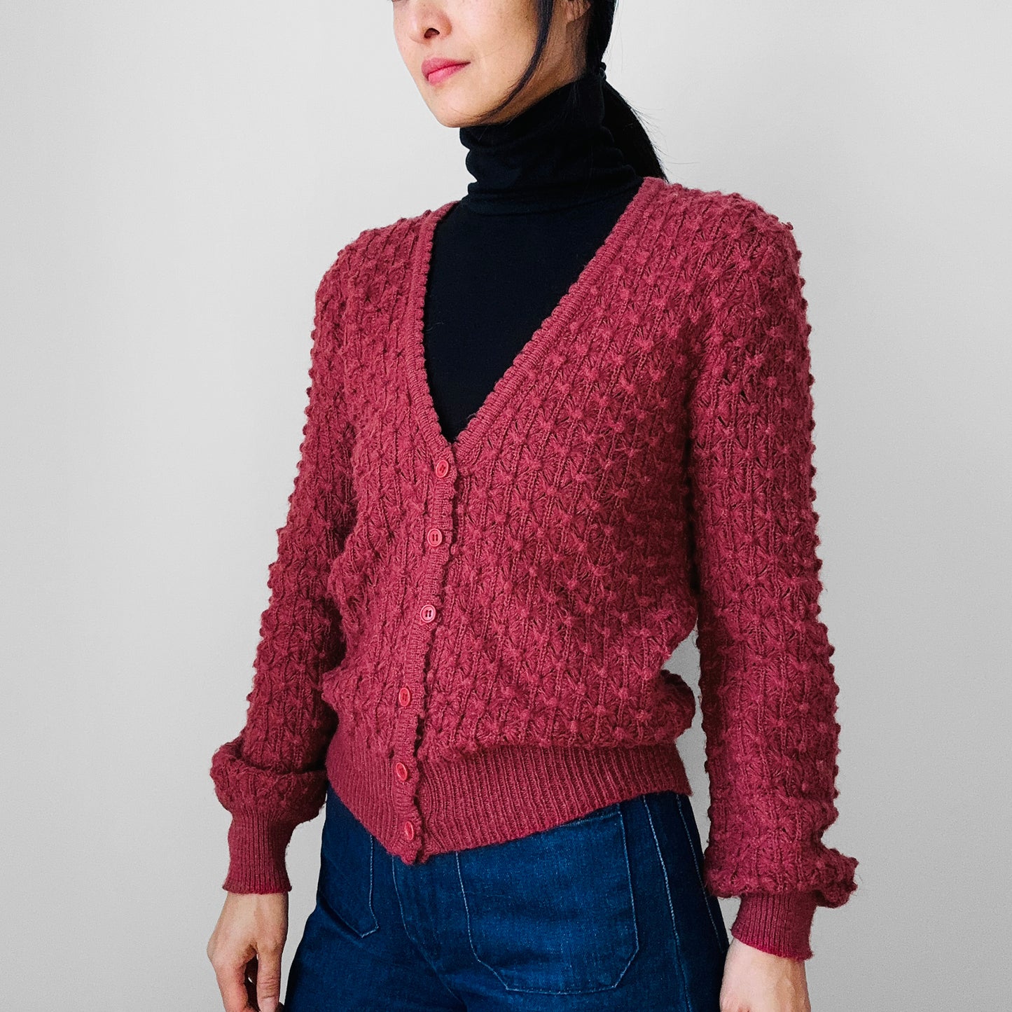 1990s Deep Rose Pink Blended Wool Bobble-Knit Fitted Cardigan Sweater