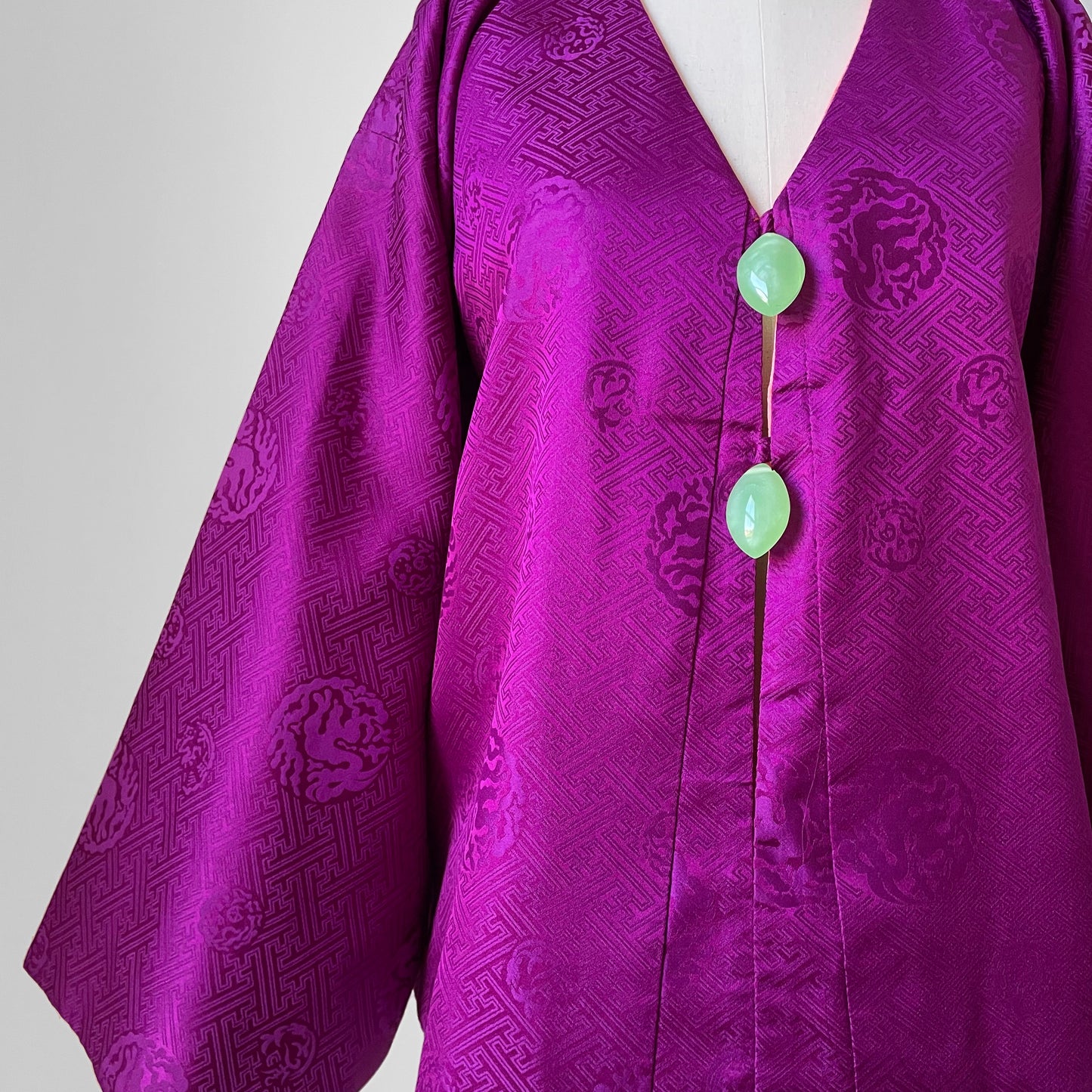 1960s Purple and Coral Silk Reversible Faux-Jade Jeweled Kimono Haori Jacket