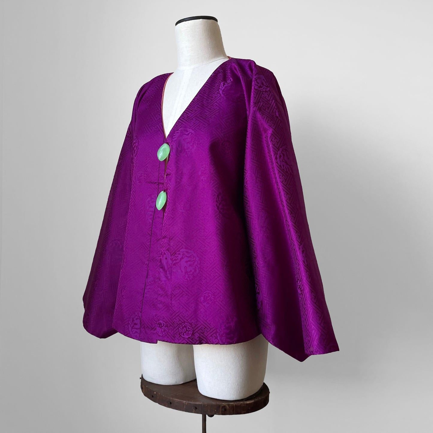 1960s Purple and Coral Silk Reversible Faux-Jade Jeweled Kimono Haori Jacket