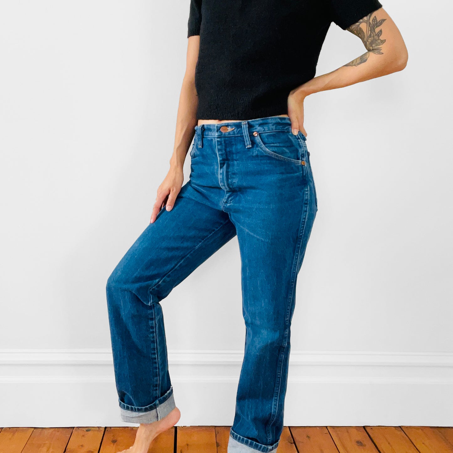 1980s Distressed Well-Worn Faded Dark-Wash High-Waisted Straight-Leg Wrangler Denim Jeans