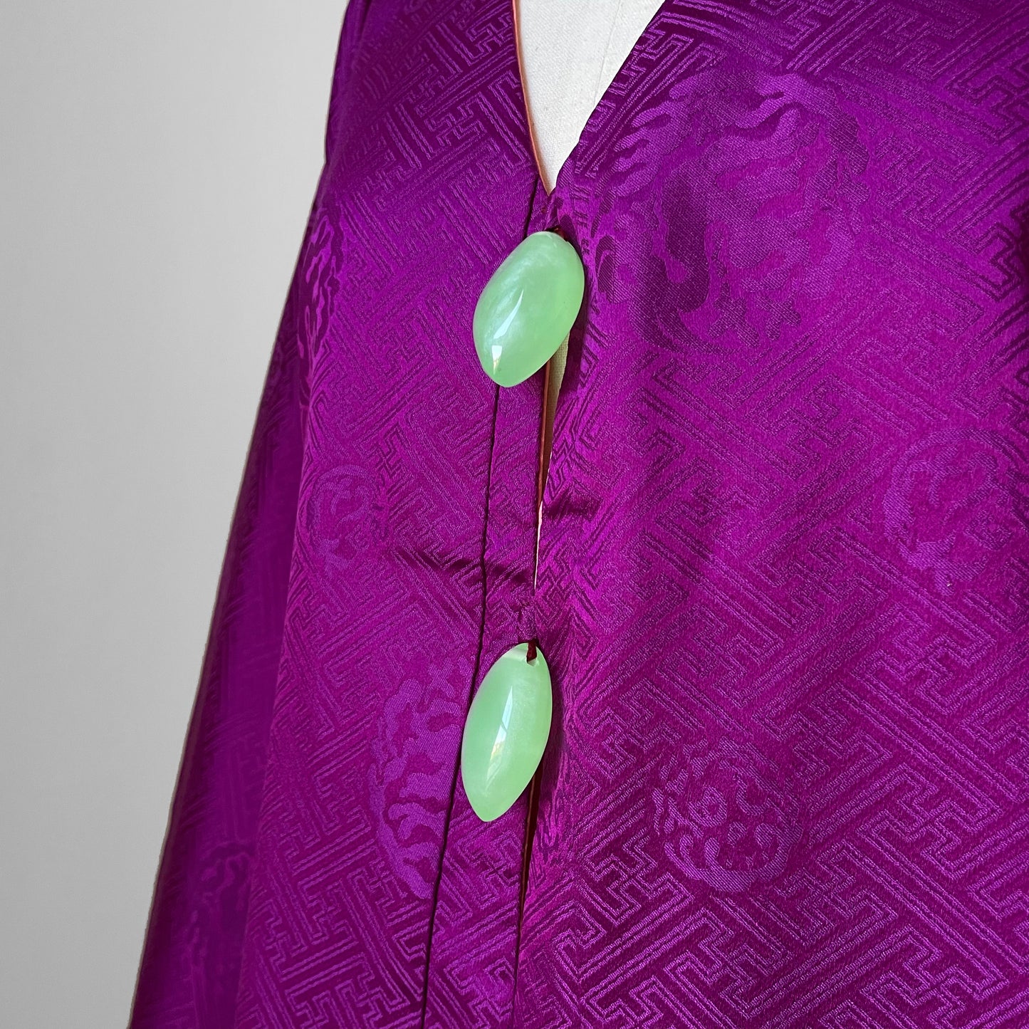 1960s Purple and Coral Silk Reversible Faux-Jade Jeweled Kimono Haori Jacket