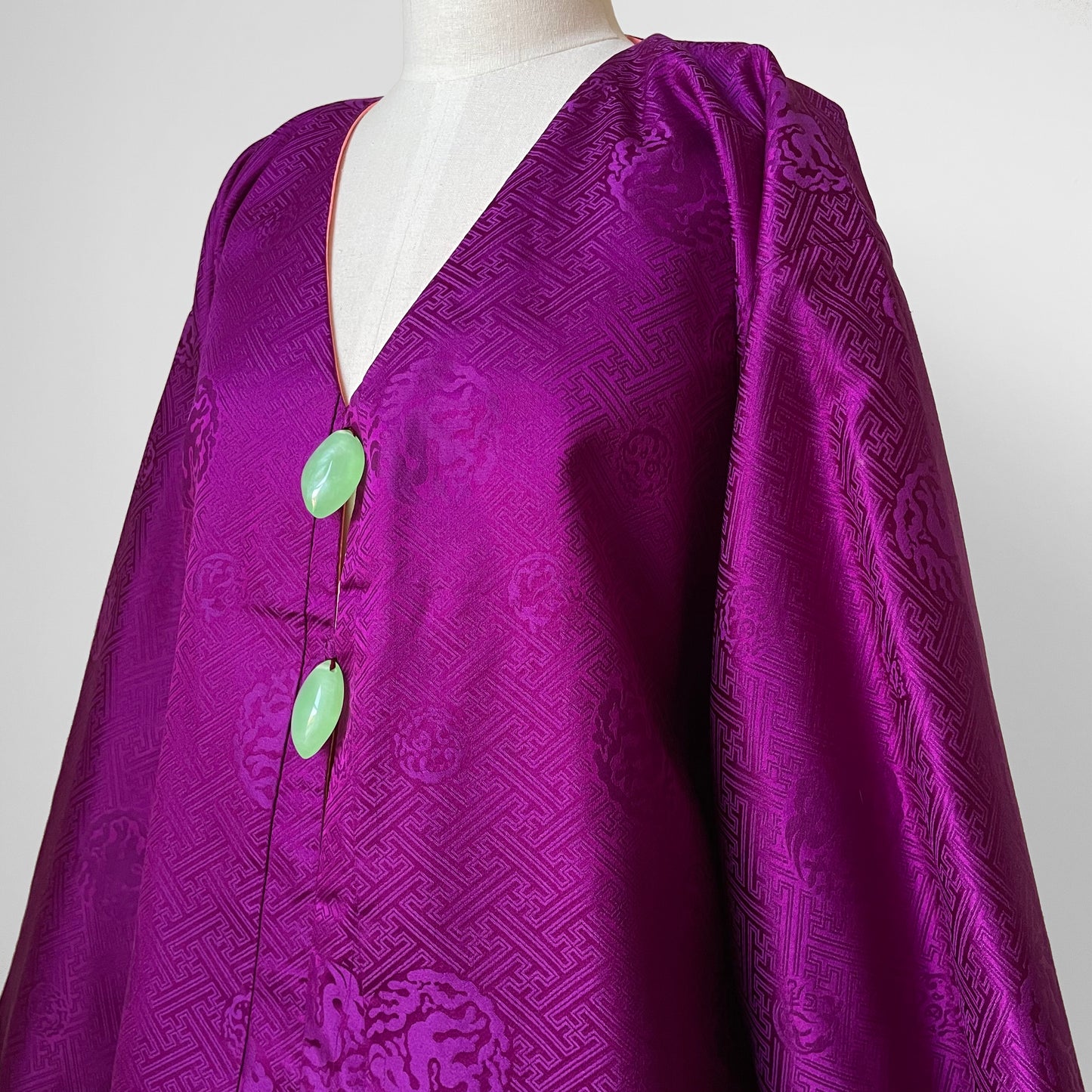 1960s Purple and Coral Silk Reversible Faux-Jade Jeweled Kimono Haori Jacket