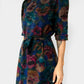 1970s Jewel-Toned Half-Sleeve Pleated-Shoulder Belted Knee-Length Floral Dress