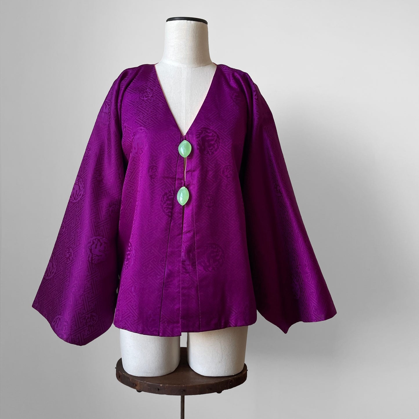 1960s Purple and Coral Silk Reversible Faux-Jade Jeweled Kimono Haori Jacket