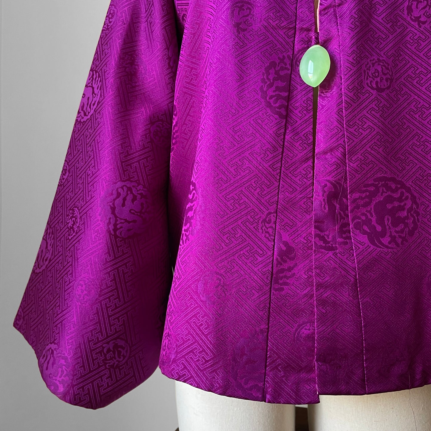 1960s Purple and Coral Silk Reversible Faux-Jade Jeweled Kimono Haori Jacket