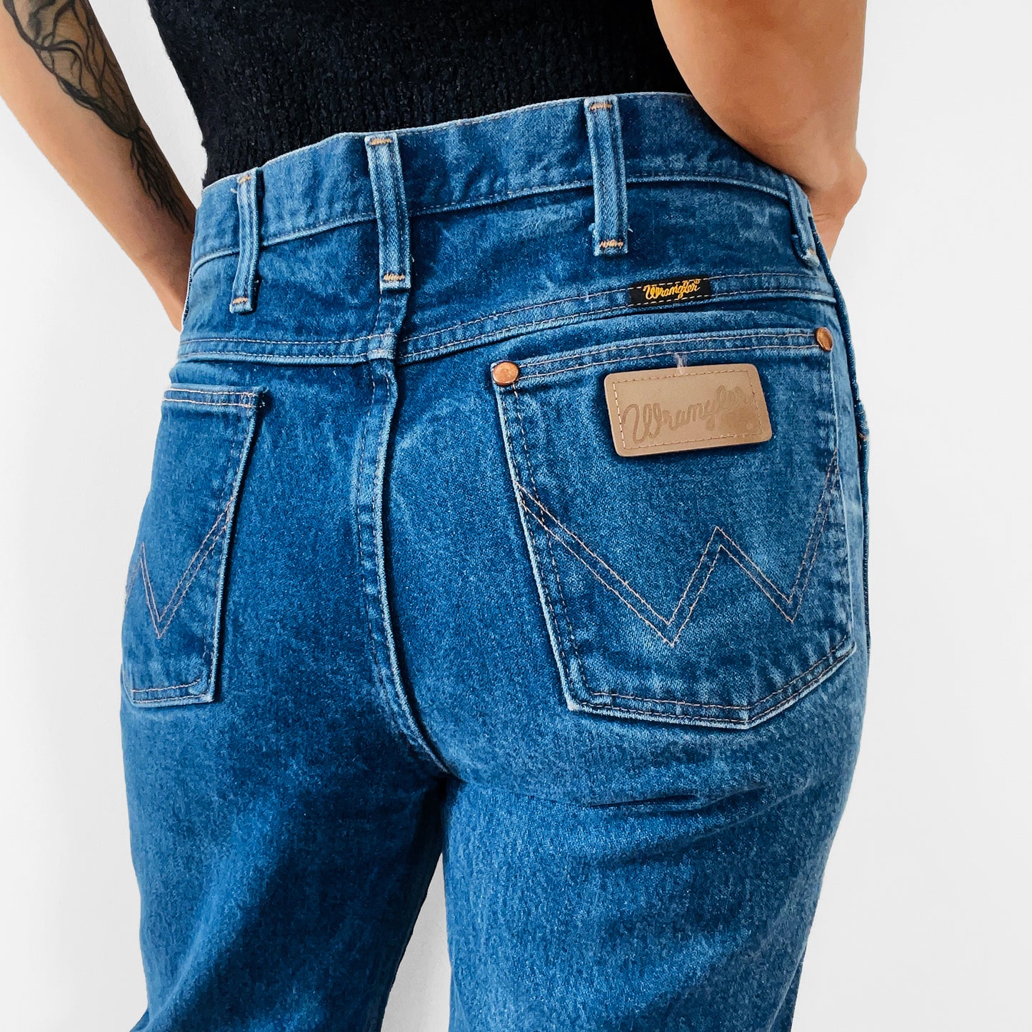 1980s Distressed Well-Worn Faded Dark-Wash High-Waisted Straight-Leg Wrangler Denim Jeans