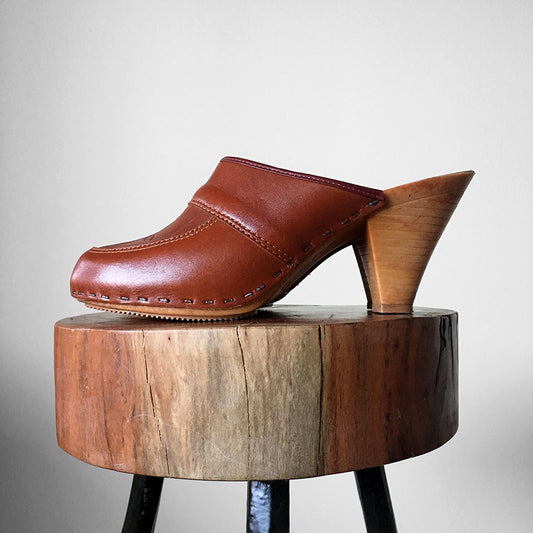 1970s Made in Canada Brown Leather Heeled Clogs