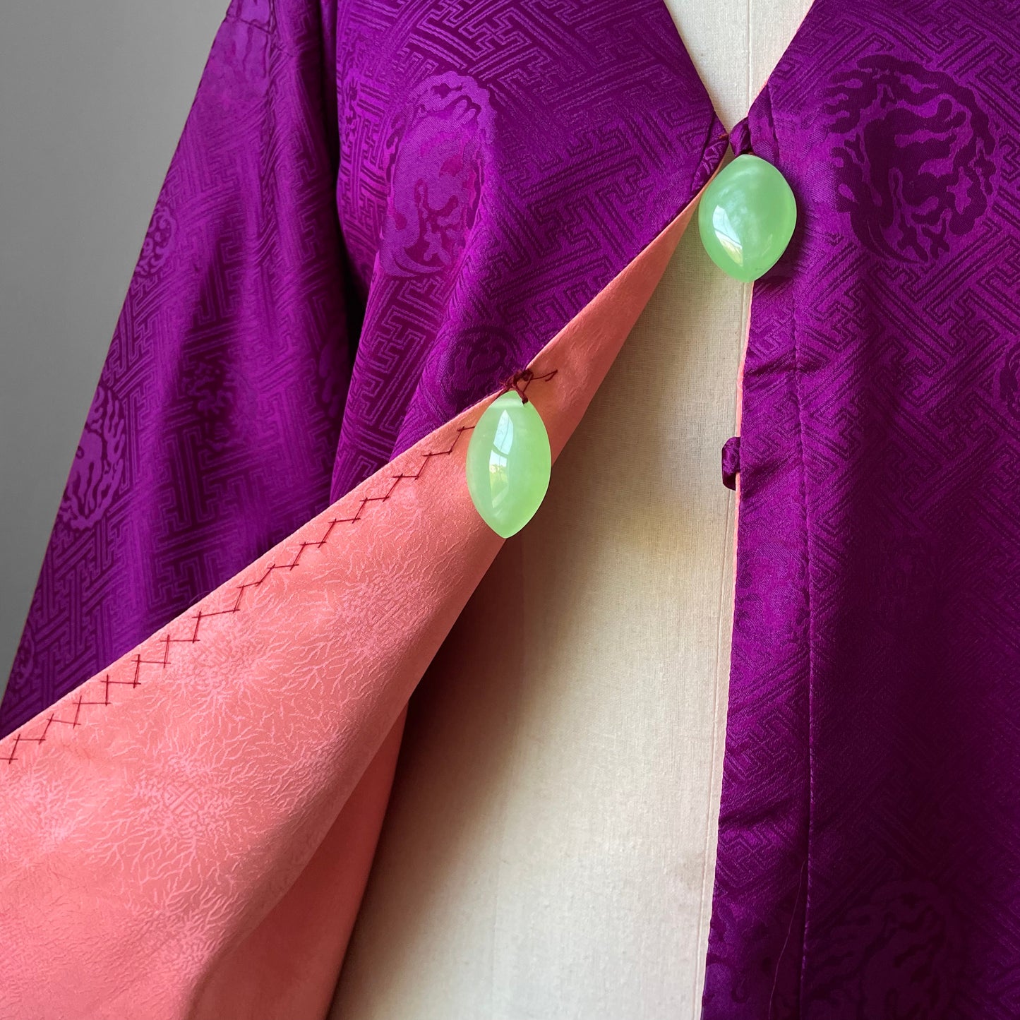 1960s Purple and Coral Silk Reversible Faux-Jade Jeweled Kimono Haori Jacket