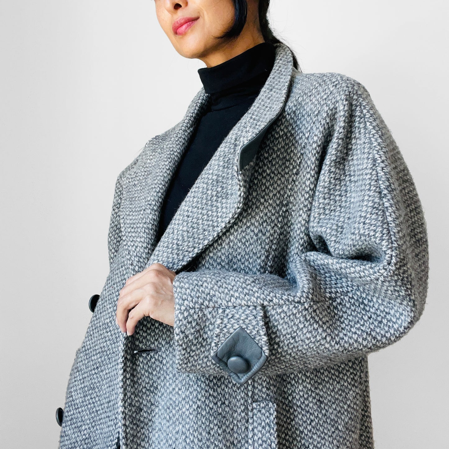 1980s Grey Tweed Wool and Leather Coat