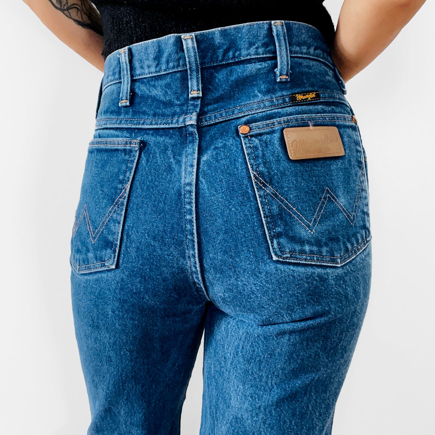 1980s Distressed Well-Worn Faded Dark-Wash High-Waisted Straight-Leg Wrangler Denim Jeans