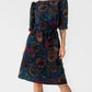 1970s Jewel-Toned Half-Sleeve Pleated-Shoulder Belted Knee-Length Floral Dress