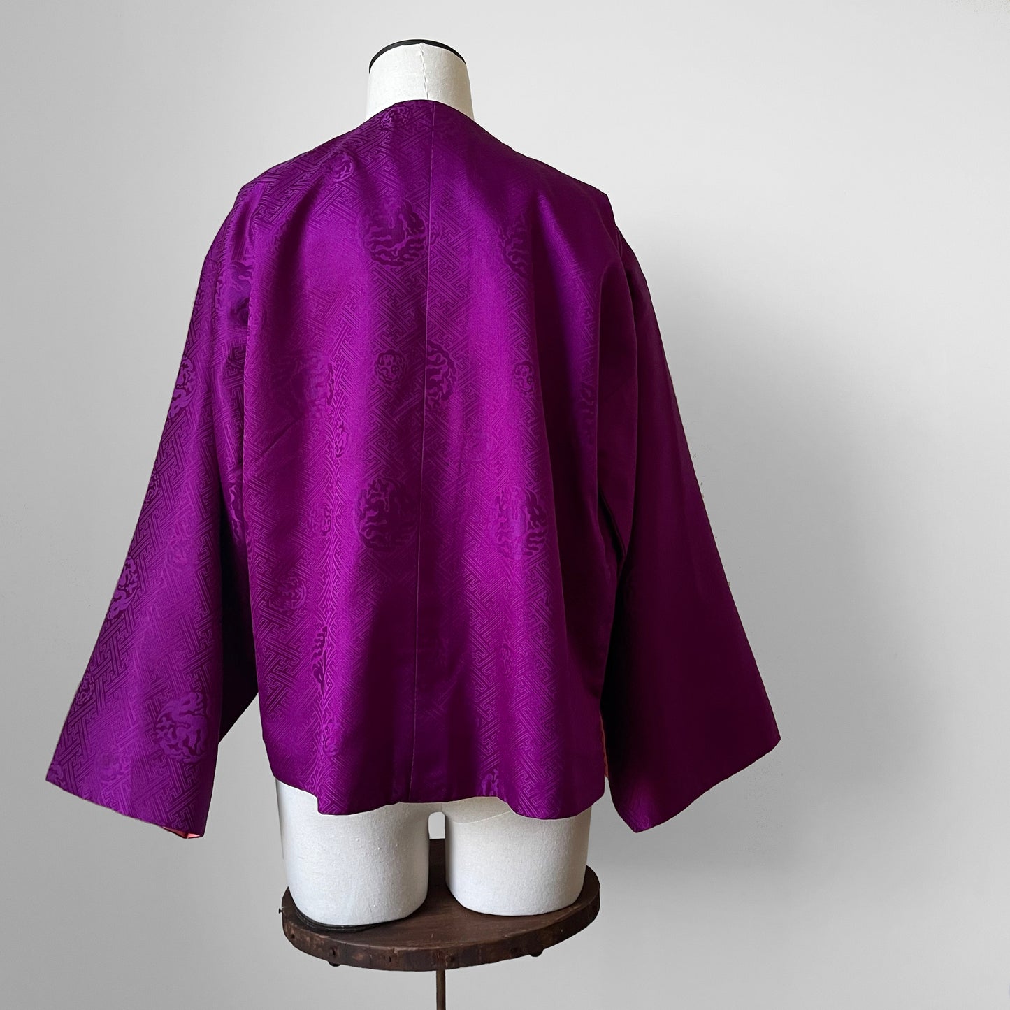 1960s Purple and Coral Silk Reversible Faux-Jade Jeweled Kimono Haori Jacket