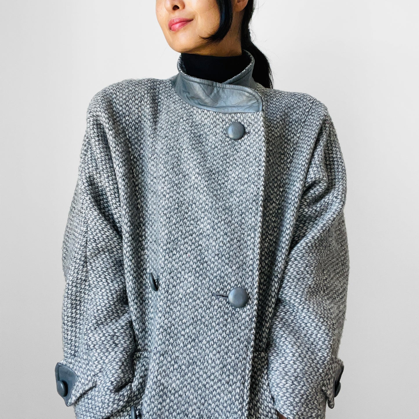 1980s Grey Tweed Wool and Leather Coat