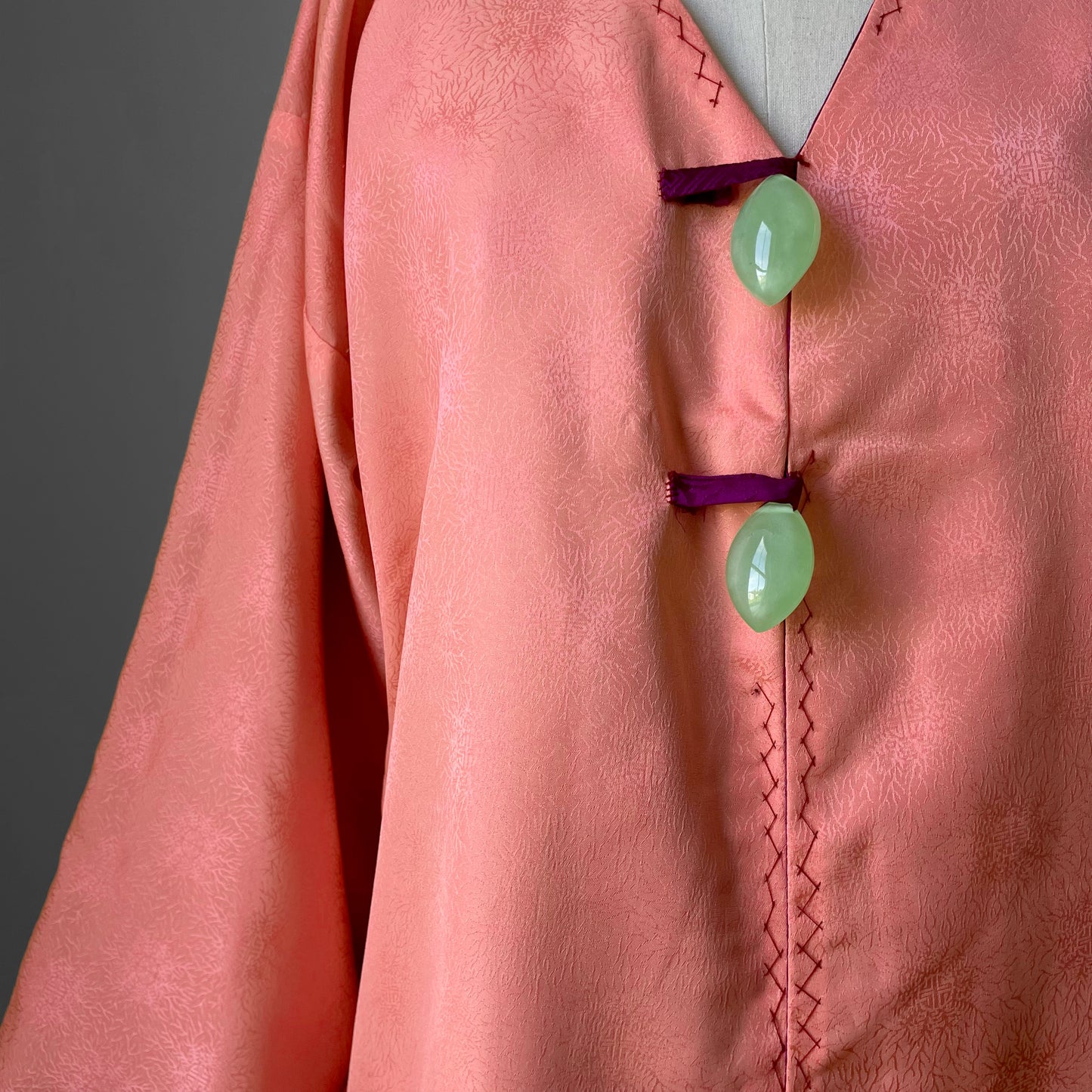 1960s Purple and Coral Silk Reversible Faux-Jade Jeweled Kimono Haori Jacket