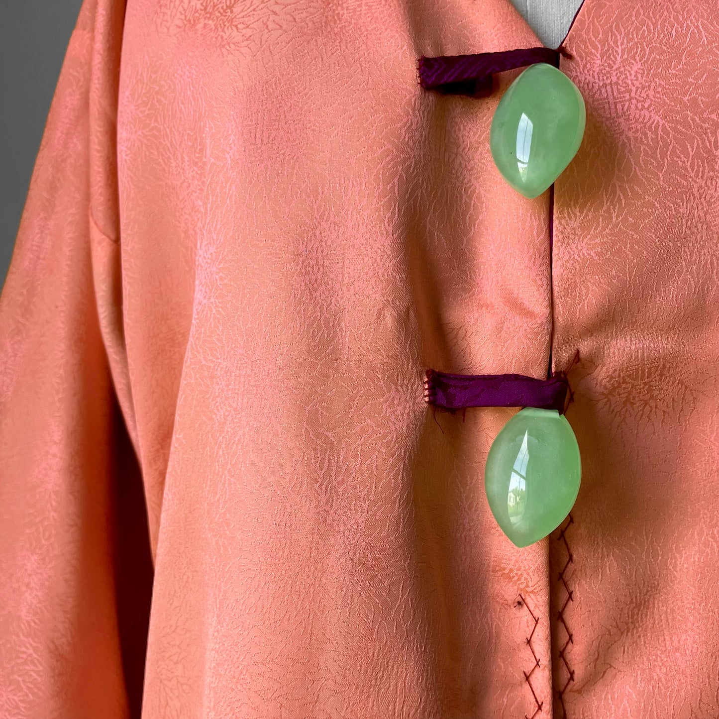 1960s Purple and Coral Silk Reversible Faux-Jade Jeweled Kimono Haori Jacket