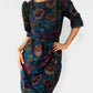 1970s Jewel-Toned Half-Sleeve Pleated-Shoulder Belted Knee-Length Floral Dress