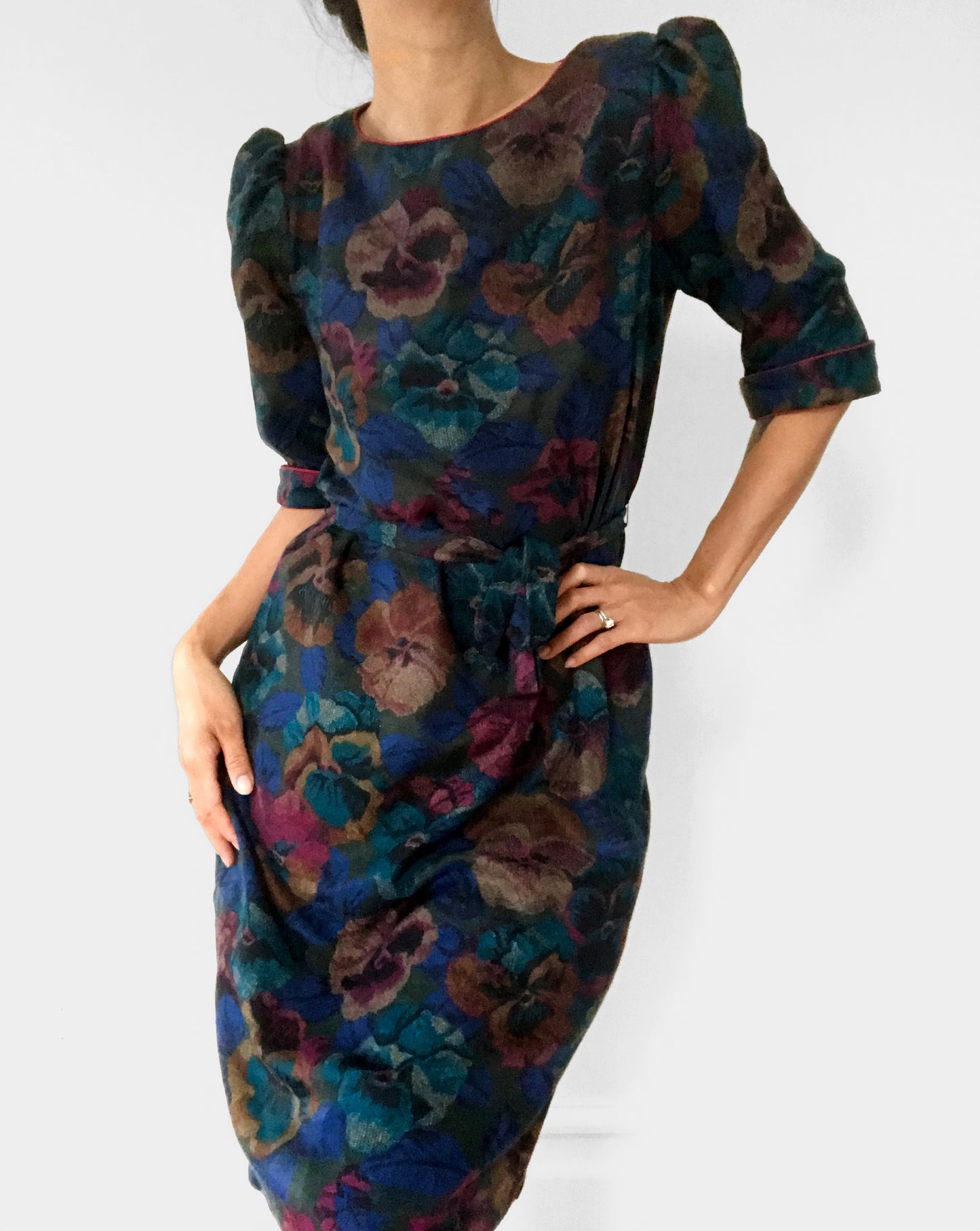 1970s Jewel-Toned Half-Sleeve Pleated-Shoulder Belted Knee-Length Floral Dress