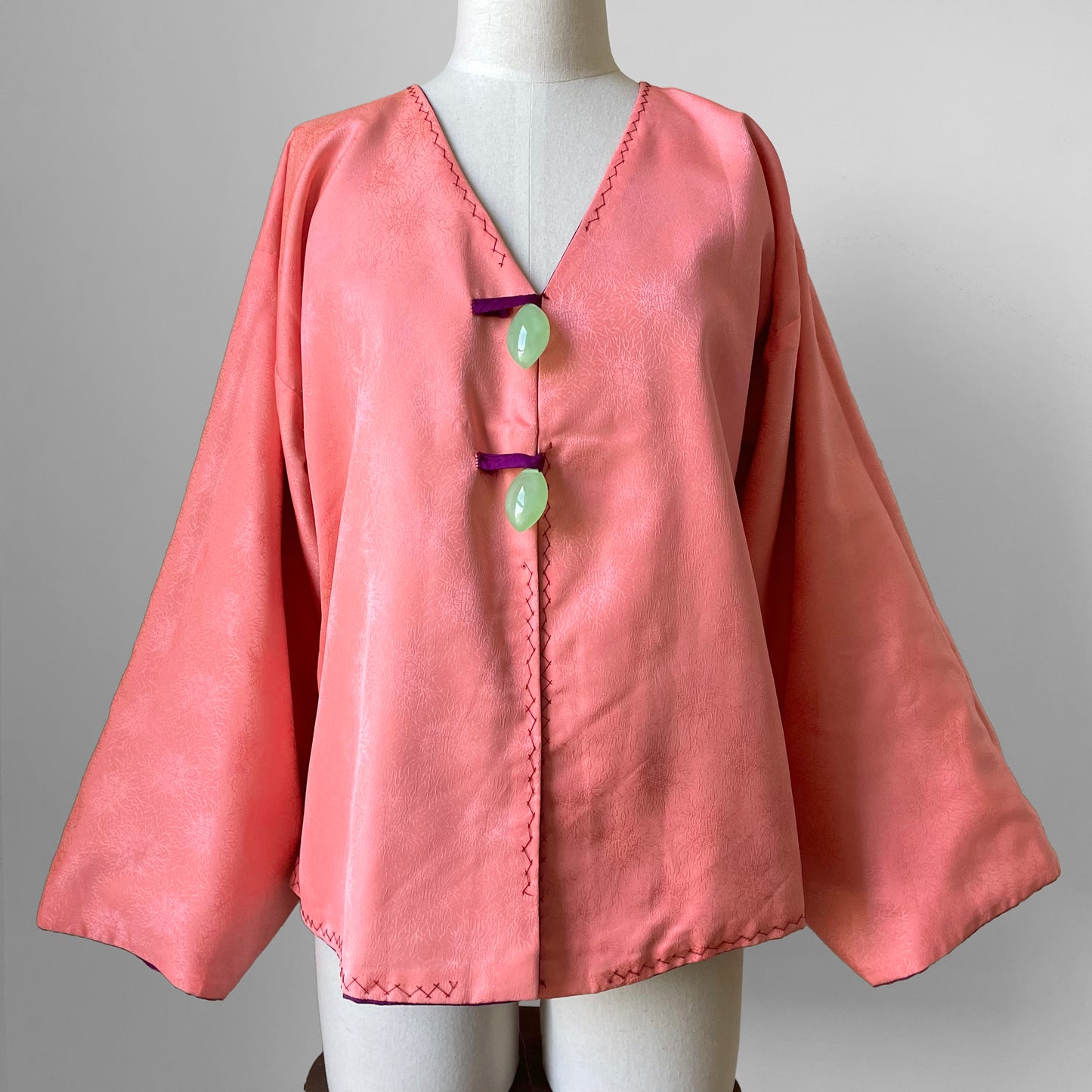 1960s Purple and Coral Silk Reversible Faux-Jade Jeweled Kimono Haori Jacket