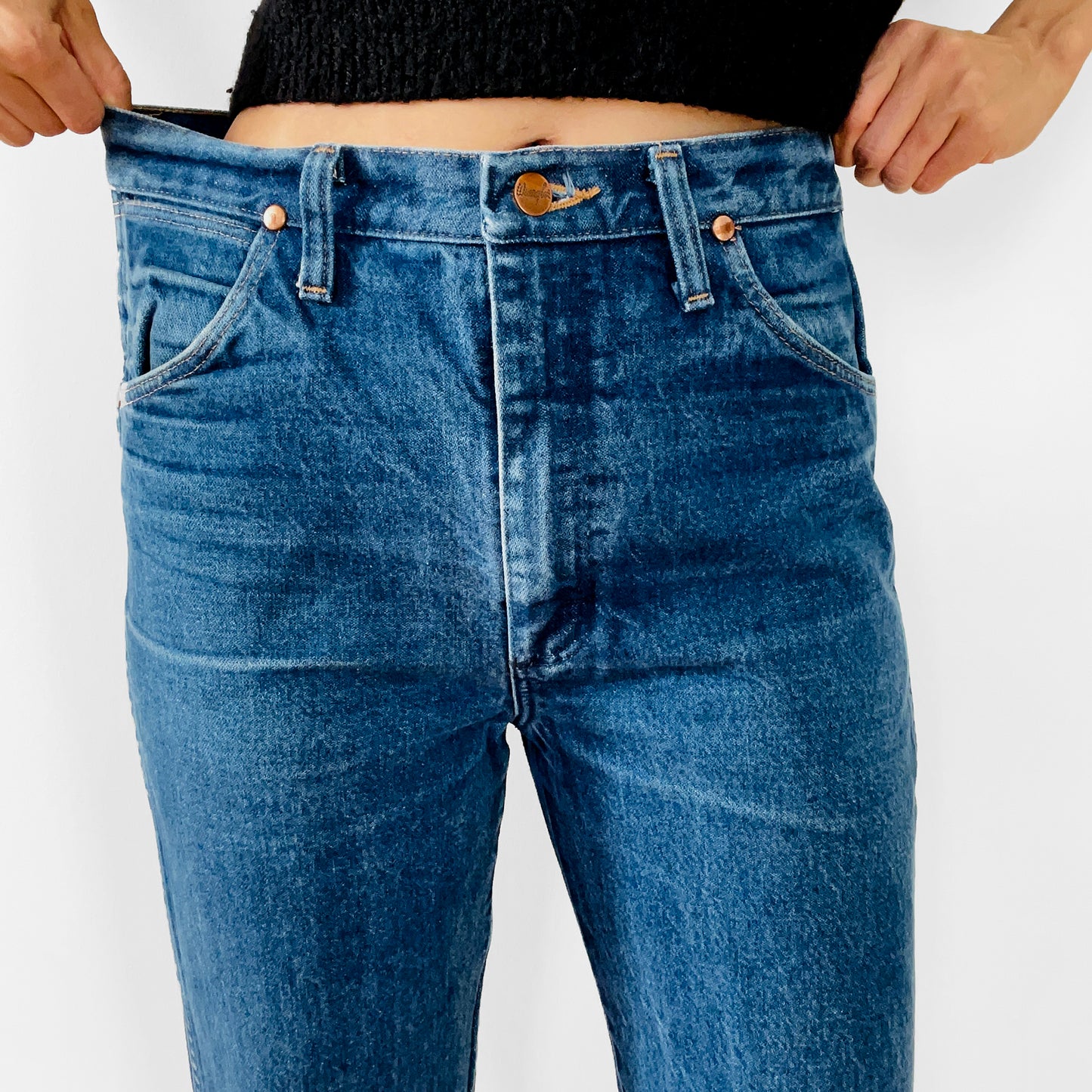 1980s Distressed Well-Worn Faded Dark-Wash High-Waisted Straight-Leg Wrangler Denim Jeans