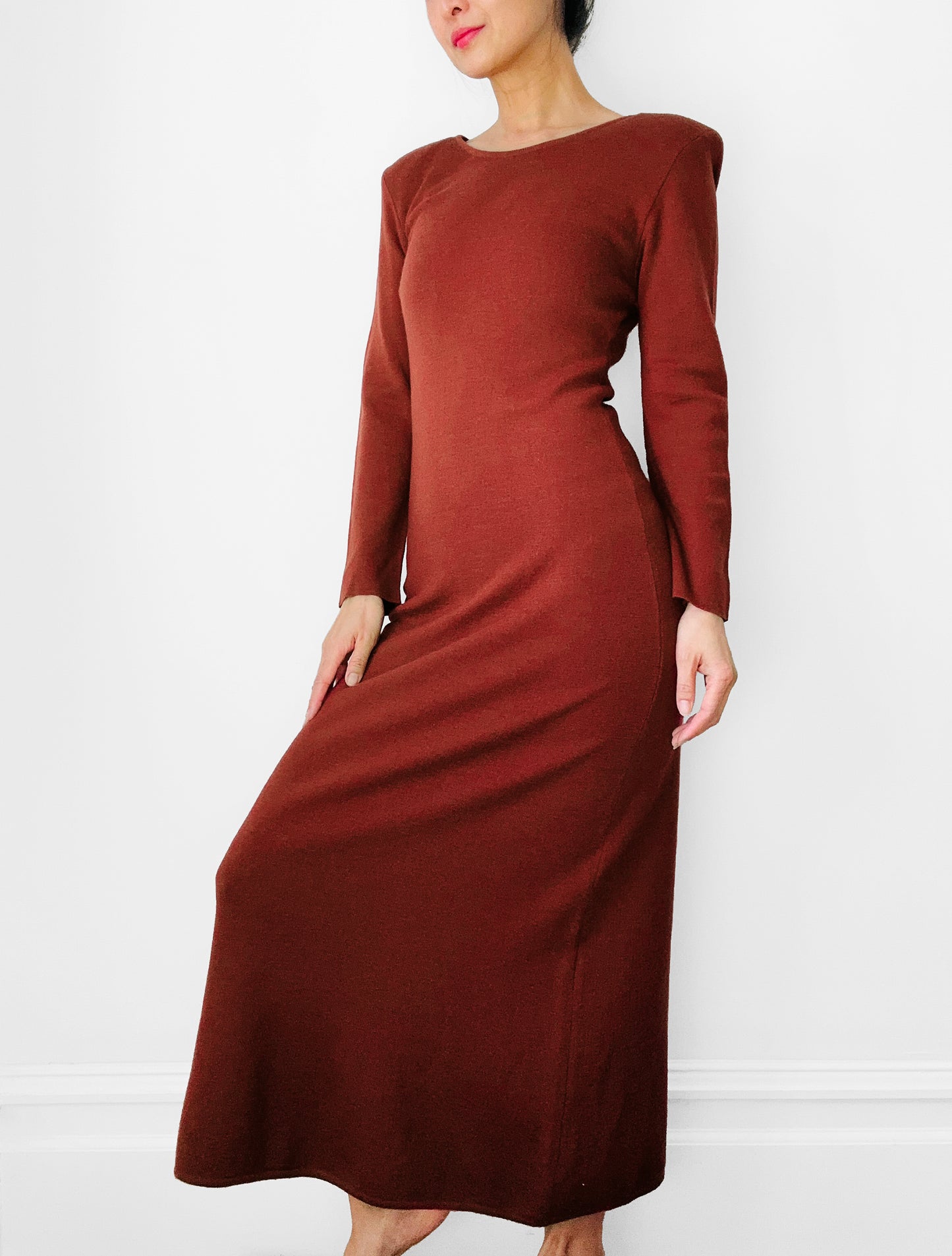 Long Rust Red Winter Weight Form Fitting Soft Wool Dress - Sz.