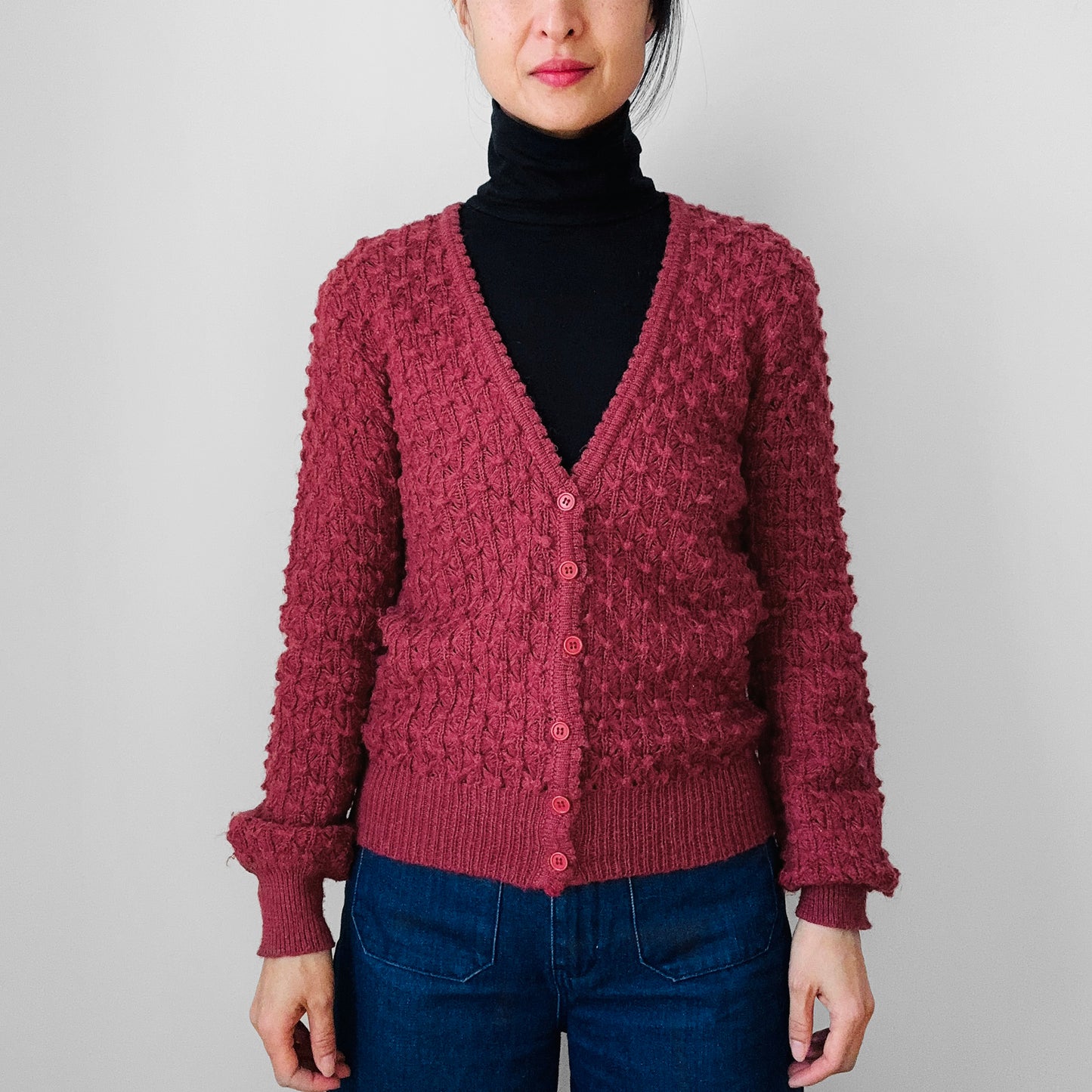 1990s Deep Rose Pink Blended Wool Bobble-Knit Fitted Cardigan Sweater