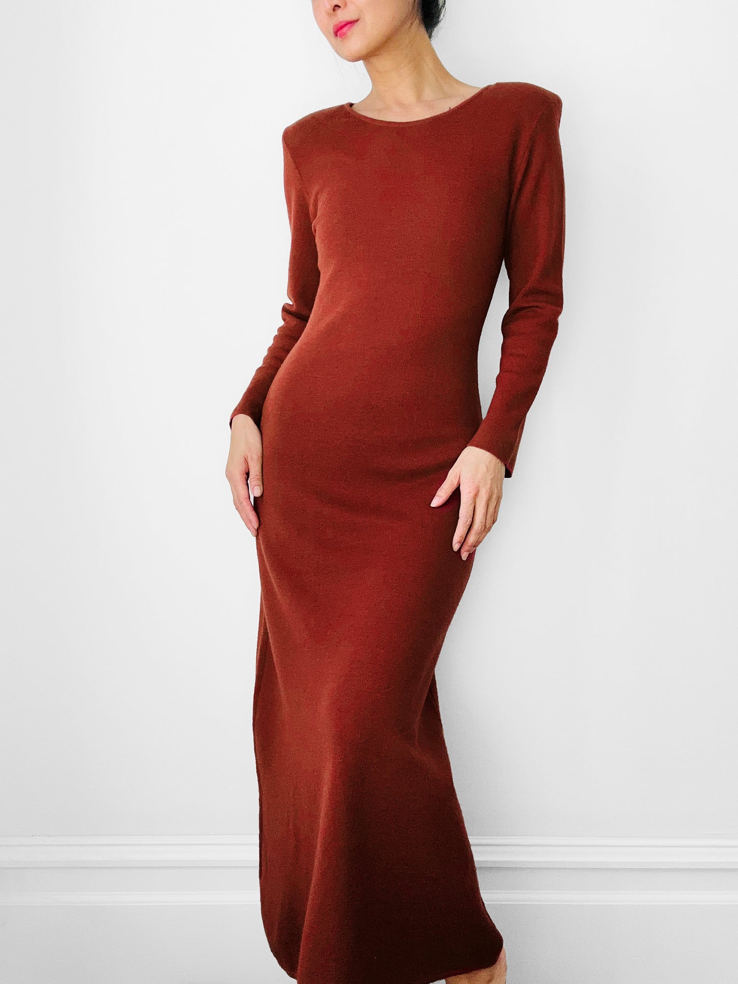 Long Rust Red Winter Weight Form Fitting Soft Wool Dress - Sz.