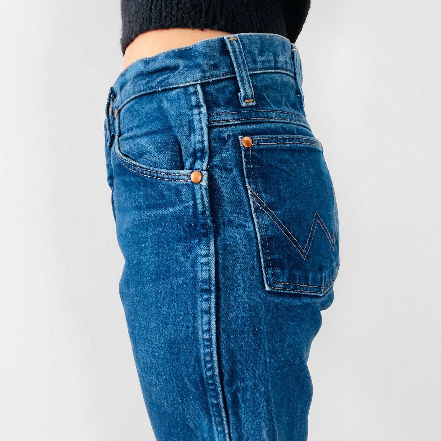 1980s Distressed Well-Worn Faded Dark-Wash High-Waisted Straight-Leg Wrangler Denim Jeans