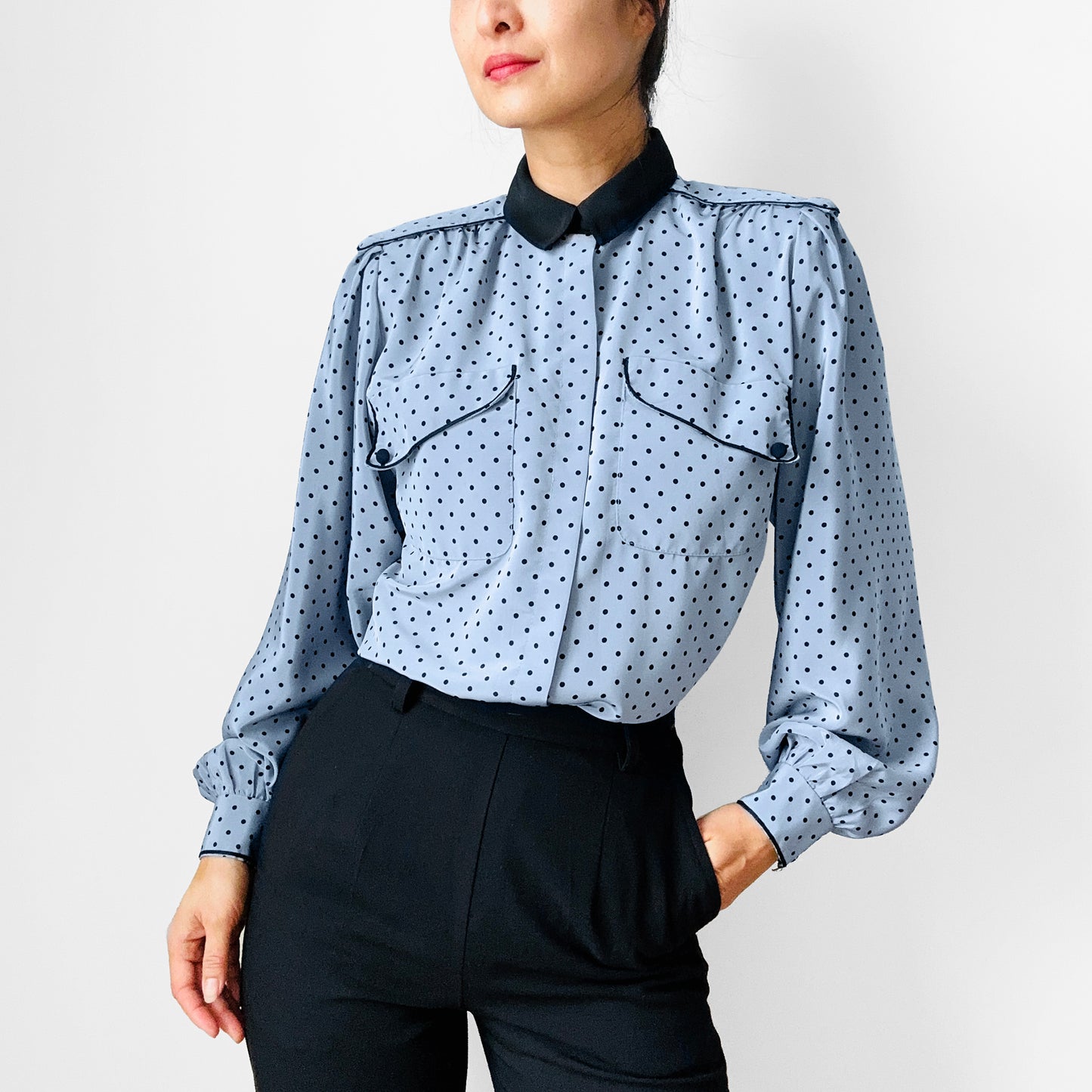 1980s Made in Canada Bluish Grey and Black Trimmed Long Sleeve Polka Dot Blouse - Sz. S