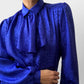 1980s Indigo Blue Ruffled Neck Tone-On-Tone Floral Blouse