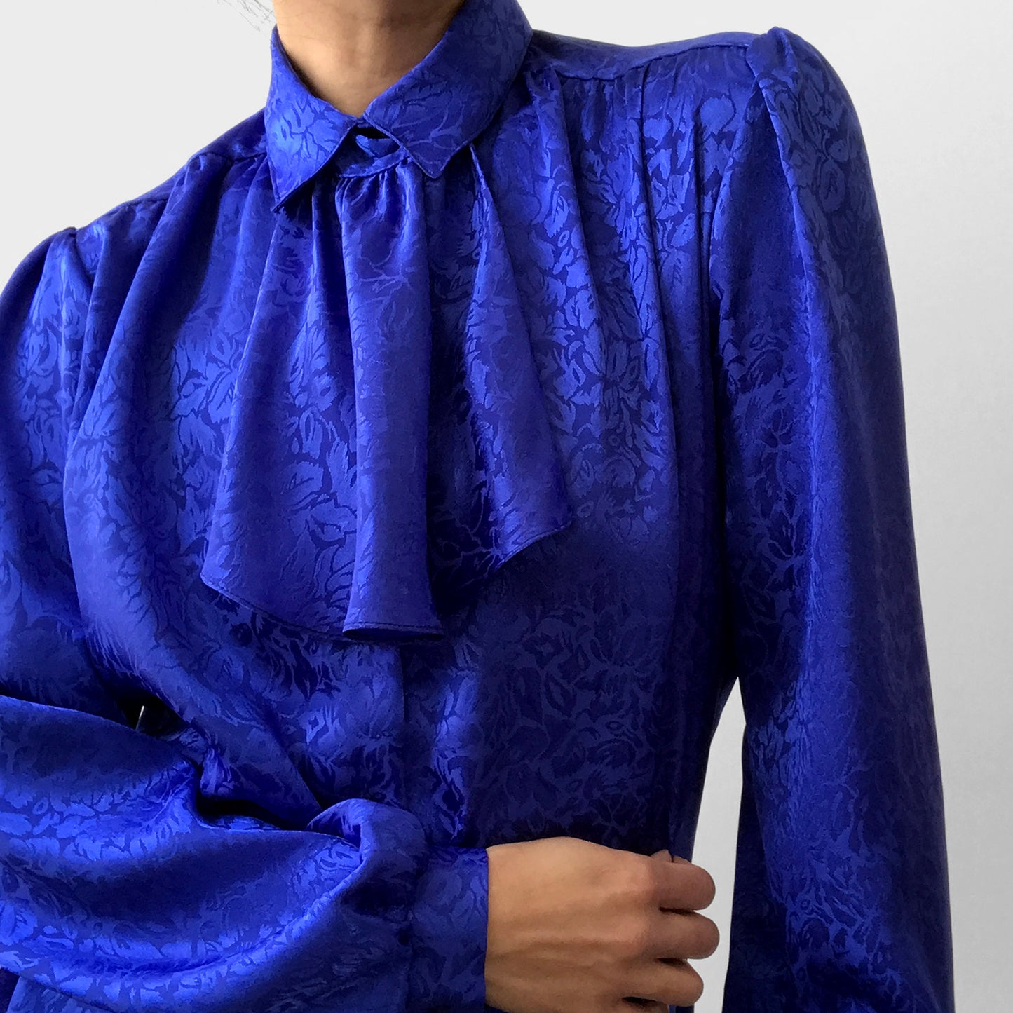 1980s Indigo Blue Ruffled Neck Tone-On-Tone Floral Blouse