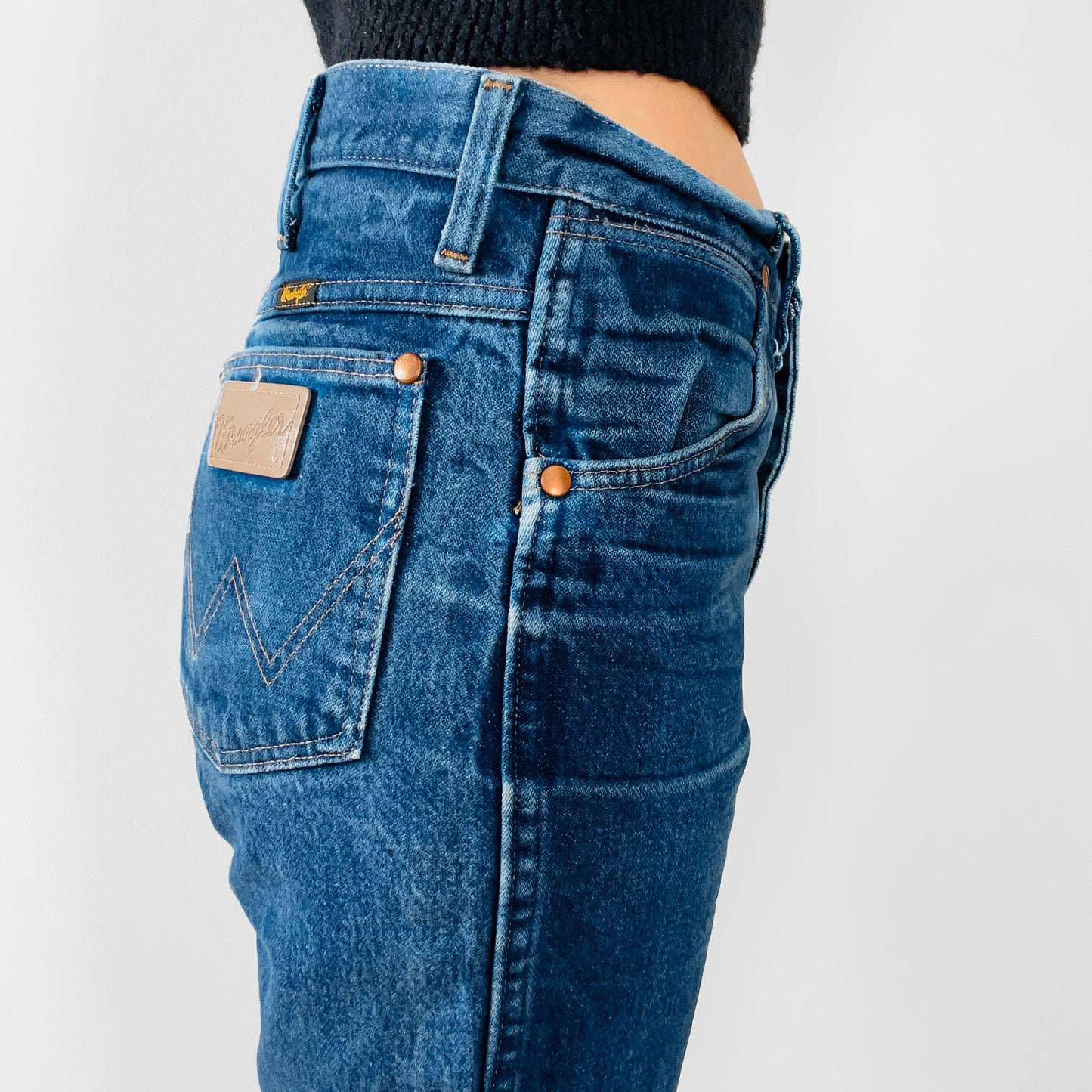 1980s Distressed Well-Worn Faded Dark-Wash High-Waisted Straight-Leg Wrangler Denim Jeans