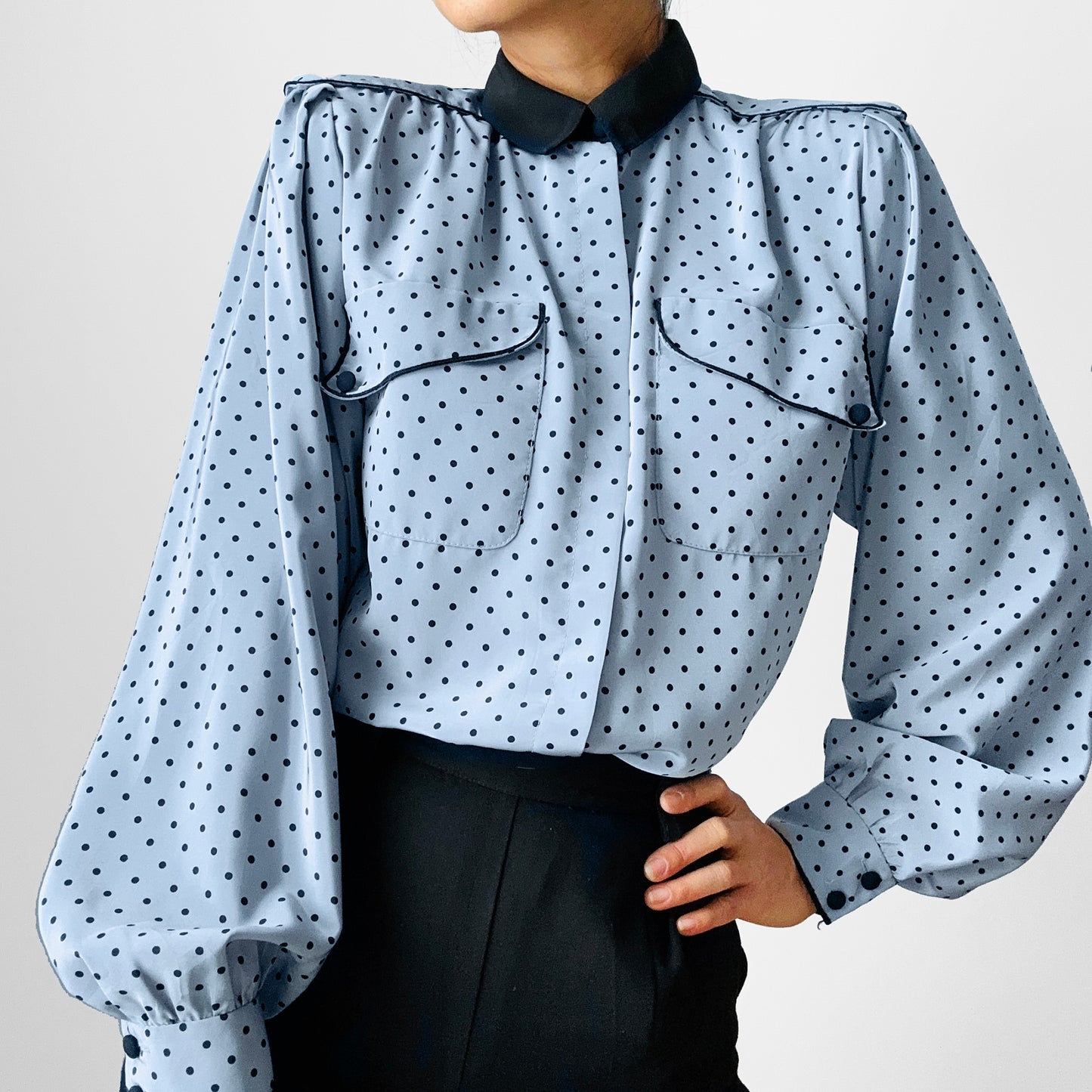 1980s Made in Canada Bluish Grey and Black Trimmed Long Sleeve Polka Dot Blouse - Sz. S