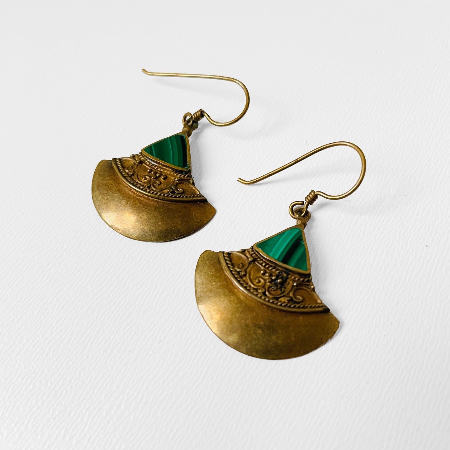 Green Malachite Etched Brass Drop Earrings