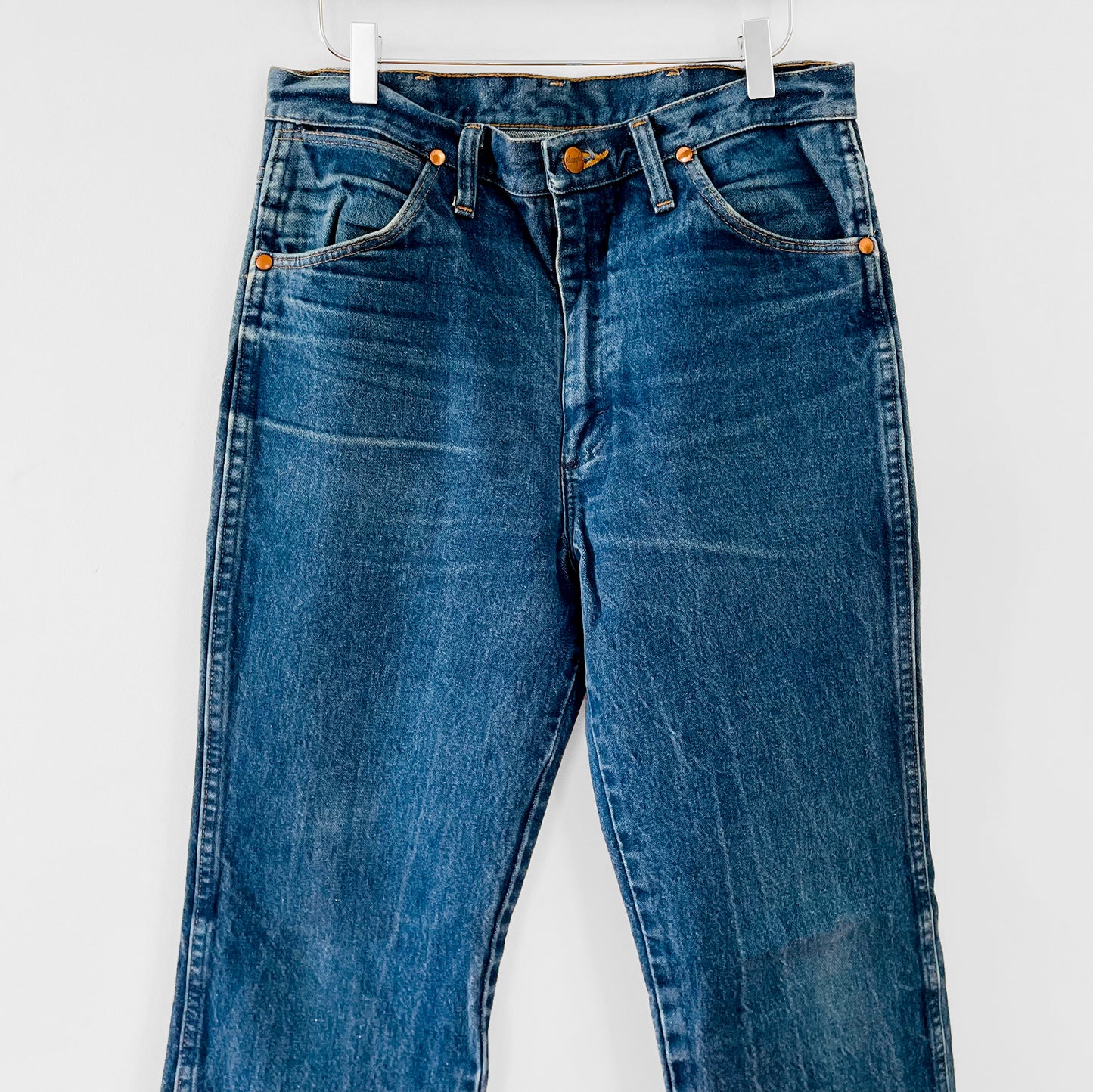 1980s Distressed Well-Worn Faded Dark-Wash High-Waisted Straight-Leg Wrangler Denim Jeans