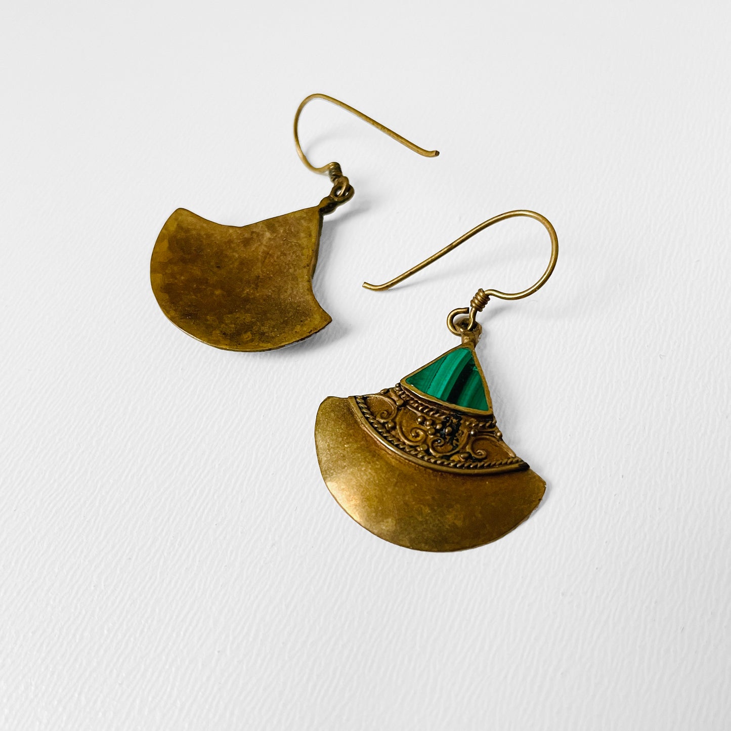 Green Malachite Etched Brass Drop Earrings