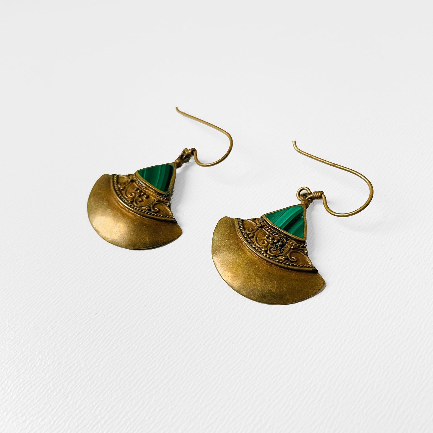 Green Malachite Etched Brass Drop Earrings