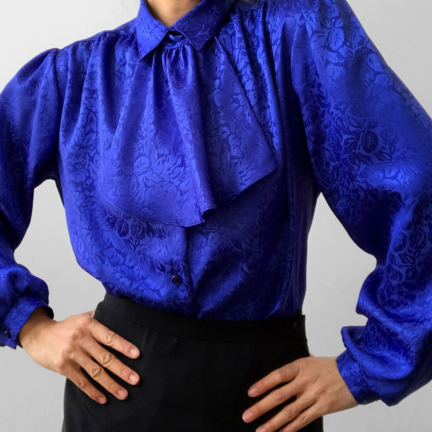 1980s Indigo Blue Ruffled Neck Tone-On-Tone Floral Blouse