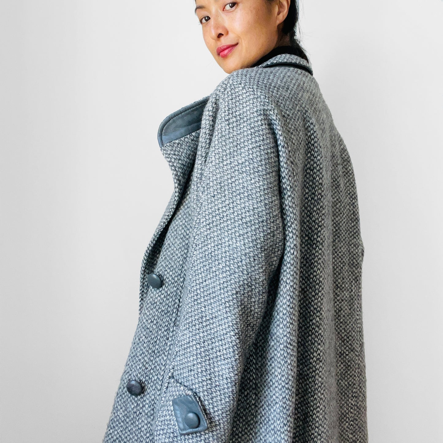 1980s Grey Tweed Wool and Leather Coat